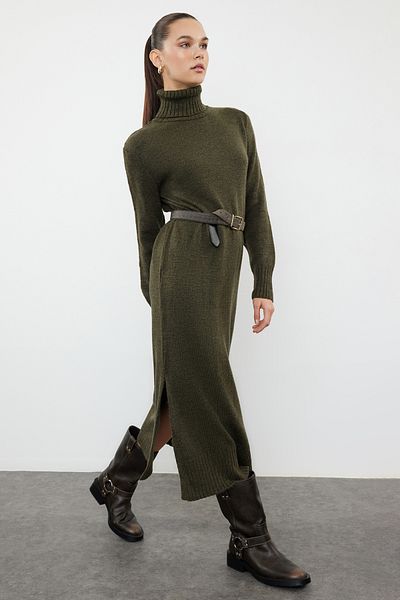 Trendyol Collection Χακί Midi Knitwear Φαρδύ Φόρεμα με απαλή υφή TWOAW24EL00034