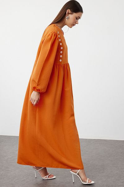 Trendyol Modest Φόρεμα με λαιμόκοψη από λινό υφασμένο λουκ σε χρώμα τούβλο - TCTSS24EB00139