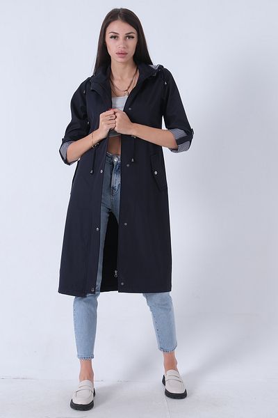 Feminist Navy Blue Hooded Trench Coat - Side Pocket and Waist Tie Detail44510343