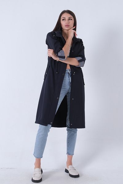 Feminist Navy Blue Hooded Trench Coat - Side Pocket and Waist Tie Detail44510343