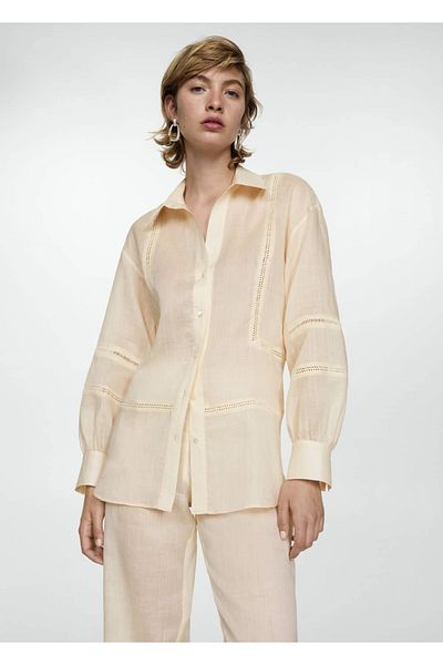 MANGO Woman Ramie Shirt with Embroidery Detail