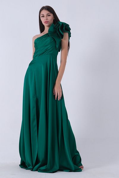 Feminist Emerald Satin Evening Dress - Shoulder Bow1302192