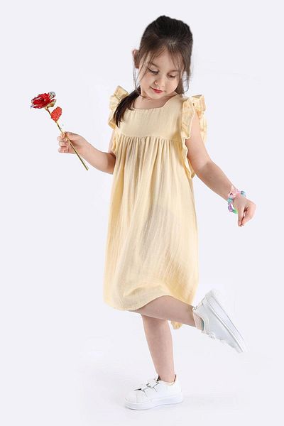 TRENDİMİZBİR Girl's Muslin Dress - Square Collar and Ruffle Sleeve