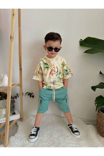 JELİBOOM طقم شورت للأطفال باللون الأخضر الكريمي مطبوع عليه ديناصور النخيل للص...