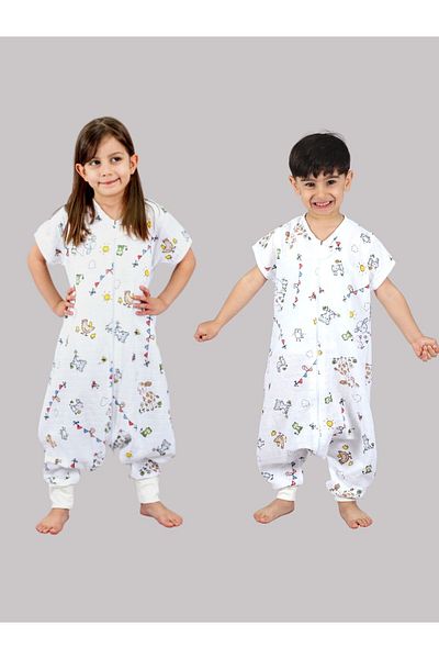 DİDABABY Summer - Short Sleeve - Single Layer Muslin - Farm Pattern Sleeping Bag (Room Temperature 27 Degrees and Above)