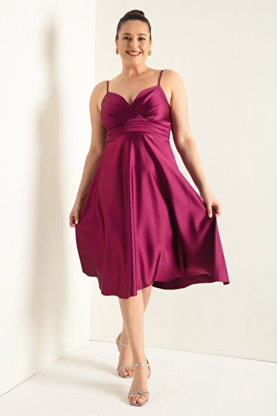 Lafaba Women's Plum Rope Strap Waist Belted Satin Midi Plus Size Evening Dress