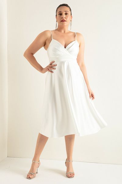 Lafaba Women's White Rope Strap Waist Belted Satin Midi Plus Size Evening Dress