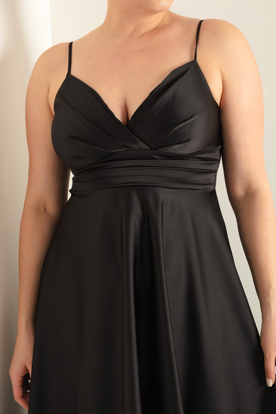 Lafaba Damska czarna suknia wieczorowa z paskiem i paskiem w talii, satynowa midi w dużych rozmiarach