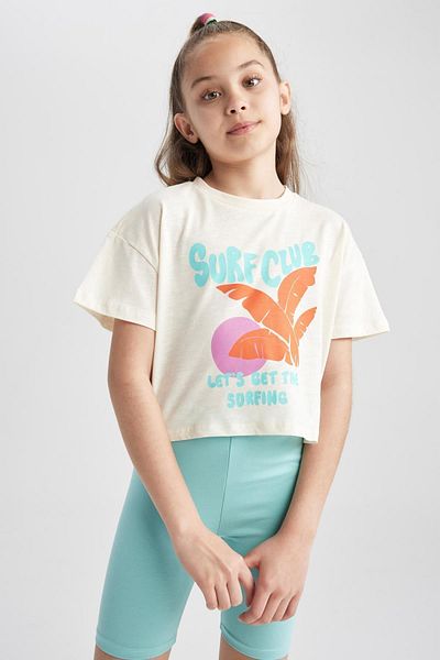 DeFacto Girl's Crew Neck Crop Printed Short Sleeve T-Shirt A1763A823Hs