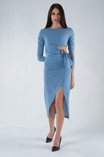 Feminist Yırtmaçlı Tokalı Elbise Bebe Mavi 0104025