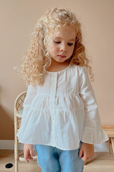 Oliven The Kid White Voile Front Buttoned Robadan Gathered Ruffle Sleeve Girl...