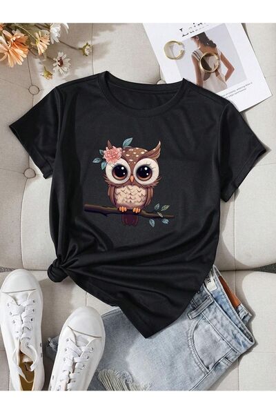 coolart Tricou drăguț cu bufniță - Tricou oversize cu imprimeu negru, de vară...