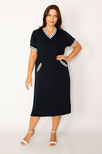 Şans Women's Large Size Navy Blue Rib Detailed V-Neck Pocket Dress 65n34160