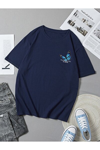 Doğannboss Kadın Lacivert Oversize Kelebek Ön Baskılı T-shirt