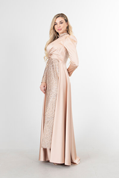 Feminist Drape Ve Kuyruk Detaylı Simli Abiye Elbise Bej 6502422