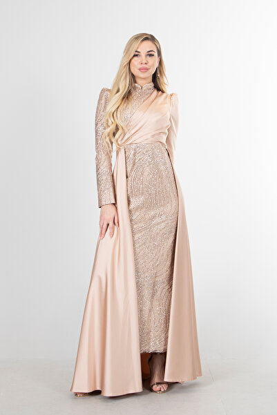 Feminist Drape Ve Kuyruk Detaylı Simli Abiye Elbise Bej 6502422