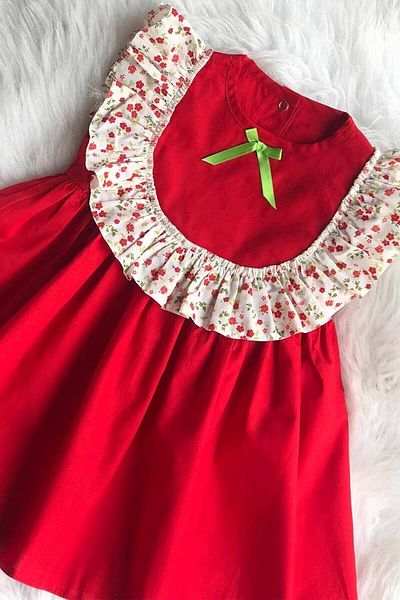 Bertuğ Bebek Red Flower Patterned Ruffle Sleeve Sleeveless Baby Girl Dress