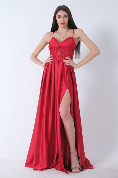 Feminist Satin Red Evening Dress with Tear Detail and Rope Strap9704981