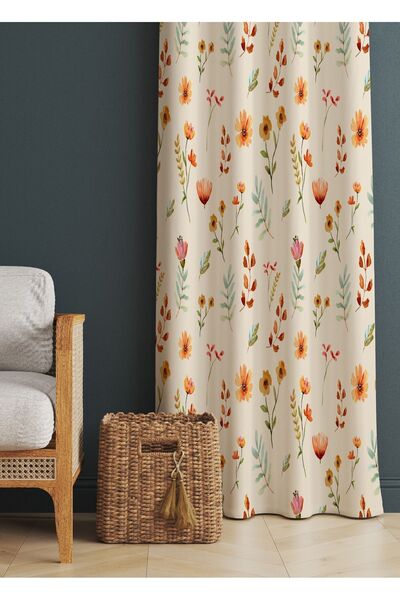 ALAMODECOR Krem Rengi Turuncu Ve Kahverengi Çiçek Desenli Baskılı Fon Perde (...