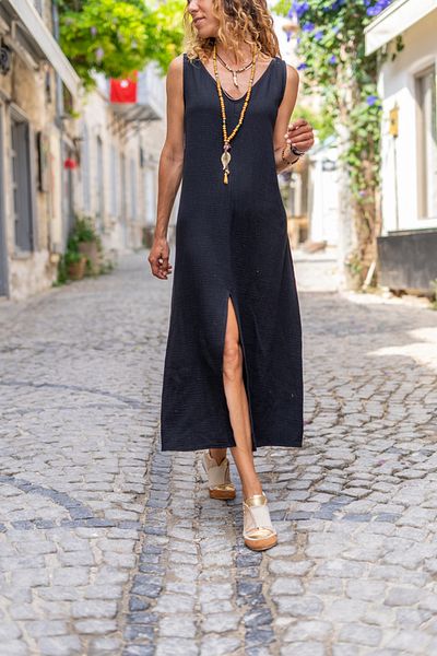 Güneşkızı Rochie neagră de muselină de damă, cu decolteu în V, cu fante în față, lungă, casual Bst3419