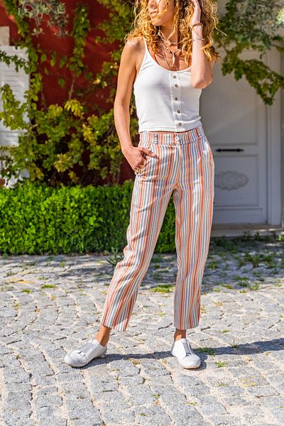 Güneşkızı Women's Tile Linen Pocket Buttoned Pipe Leg Carrot Trousers Bst3394
