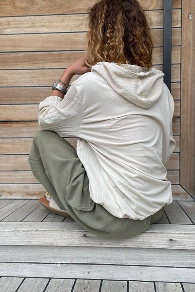 Güneşkızı Women's Beige Washed Linen Mesh Star Sequin Hooded Blouse Gk-rsd2046