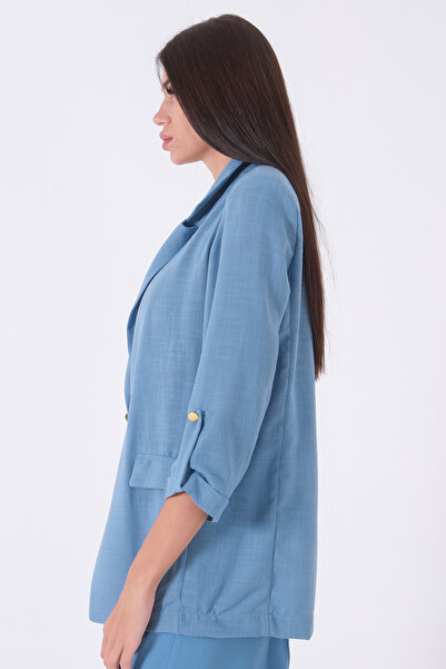 Feminist Kolları Düğme Toparlamalı Keten Ceket Bebe Mavi 01051361