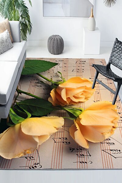 Else Halı Sarı Gül Notalı Desenli Modern Kaymaz Yıkanabilir Mutfak Salon Halısı