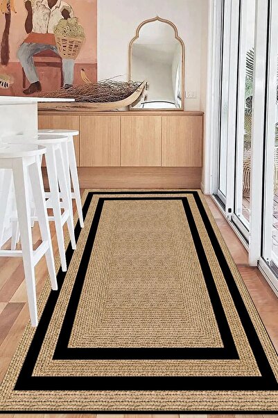 Else Dekor Dijital Kaymaz Kahverengi Jüt Görünümlü Siyah Çerçeveli Mutfak Hal...