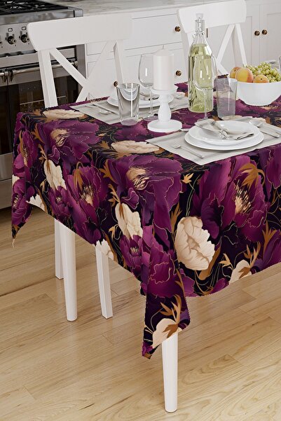 Else Halı Mor Çiçek Desen Baskılı Dertsiz Leke Tutmaz Masa Örtüsü Sofra Bezi