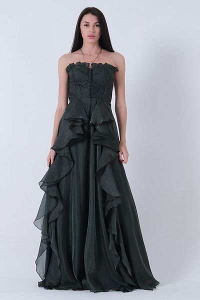 Feminist Strapless Collar Slit Skirt Ruffle Evening Dress Emerald9705234