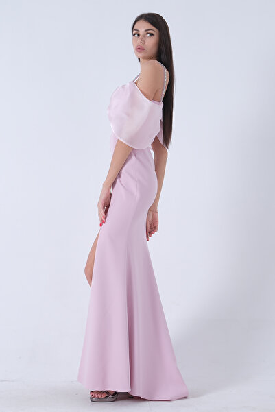Feminist Powder Colored Evening Dress - Chest Stone Detail and Slit9705201
