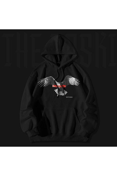 The Baski Hanorac premium unisex Black Eagle Defend imprimat de înaltă calitate, cu buzunar cangur