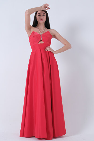 Feminist Taş Askılı Parlak Saten Kumaş Bel Dekolteli Abiye Kırmızı 9705261