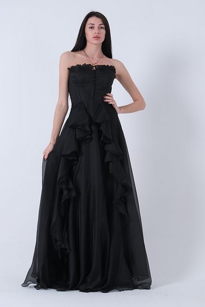 Feminist Strapless Collar Slit Skirt Frilly Evening Dress Black9705234