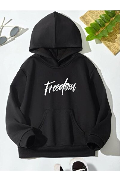 NoVibe Παιδική μπλούζα Unisex Oversize Μαύρη Freedom με στάμπα με κουκούλα