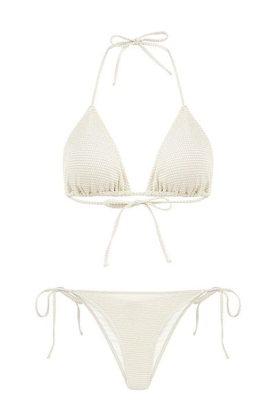 AQUELLA Ecru Triangle Bikini Set - Textured and Glittery Drawstring