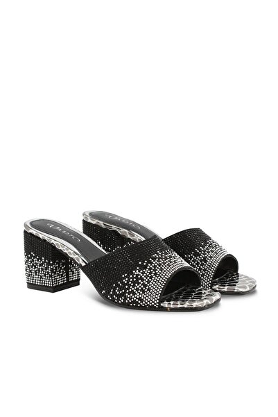 Vario Taş Detaylı Kalın Topuklu Terlik Sıyah Taşlı