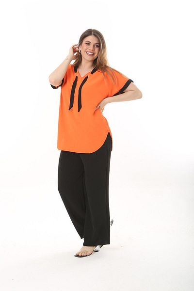 xlargebutik LARGE SIZE CLOTHING TIE COLLAR ORANGE AYROBIN FABRIC LYCRA SUIT