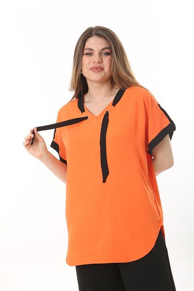 xlargebutik LARGE SIZE CLOTHING TIE COLLAR ORANGE AYROBIN FABRIC LYCRA SUIT