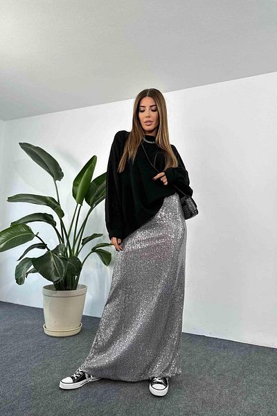 BEBE PLUS Women's Elastic Waist Half Lined Maxi Length Sequined Skirt