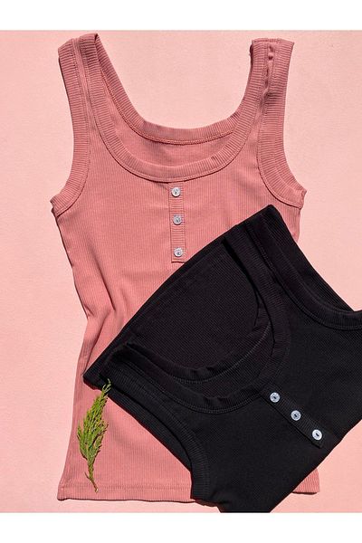 LEYNA BUTİK Women's Corduroy Undershirt - Cotton, Thick Strap, Button Detail, 2-Piece Black and Dried Rose Color