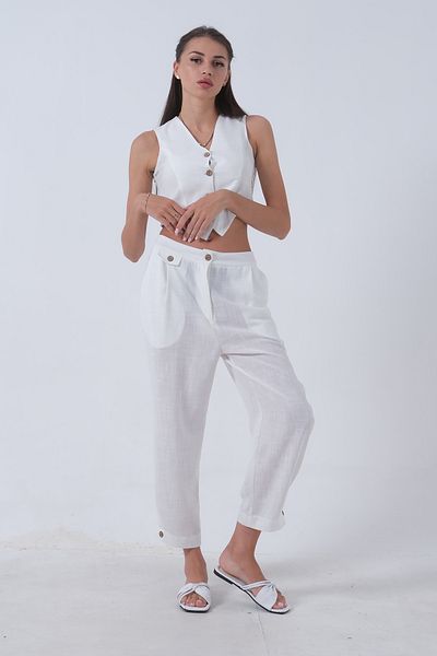 Feminist White Linen Vest Set -0106321