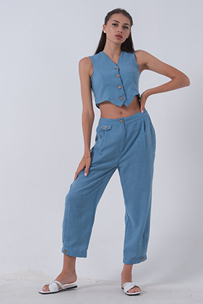 Feminist Keten Yelekli Takım Bebe Mavi 0106321