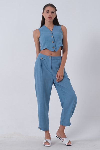 Feminist Baby Blue Linen Vest Set -0106321