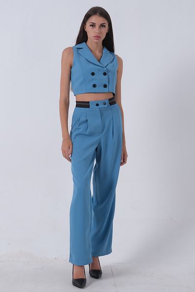 Feminist Baby Blue Lycra Crepe Vest Trousers Set -0106323