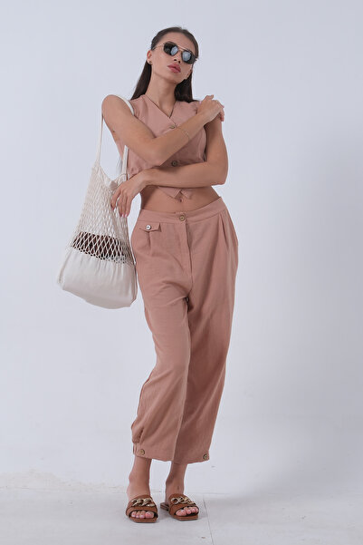 Feminist Keten Yelekli Takım Camel 0106321