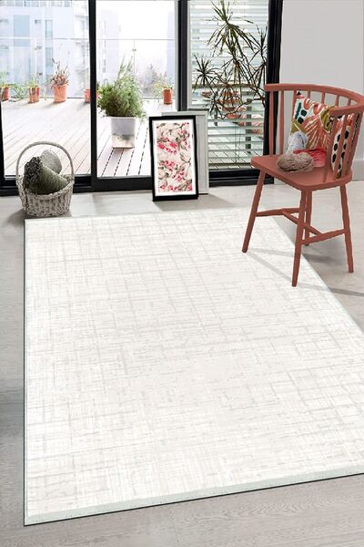 HaLıFoRuM Beyaz Renkli Sade Desenli Kaymaz Taban Yıkanabilir Salon Halısı Ipeksi Ht-1292
