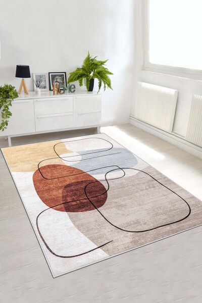 Lavita Home Dijital Baskı Yıkanabilir Kaymaz Bej Salon Halısı Mutfak Halısı Y...