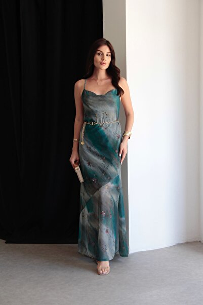 Julishop Petrol Green Patterned - Back Low-cut Maxi Tulle Dress